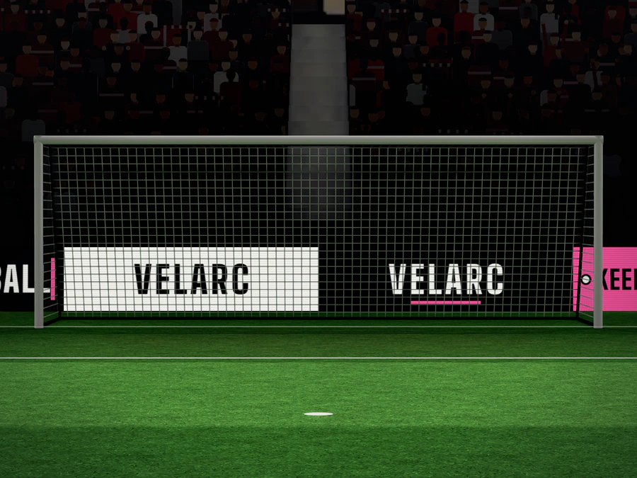 The goal mouth head-on from 25 metres.