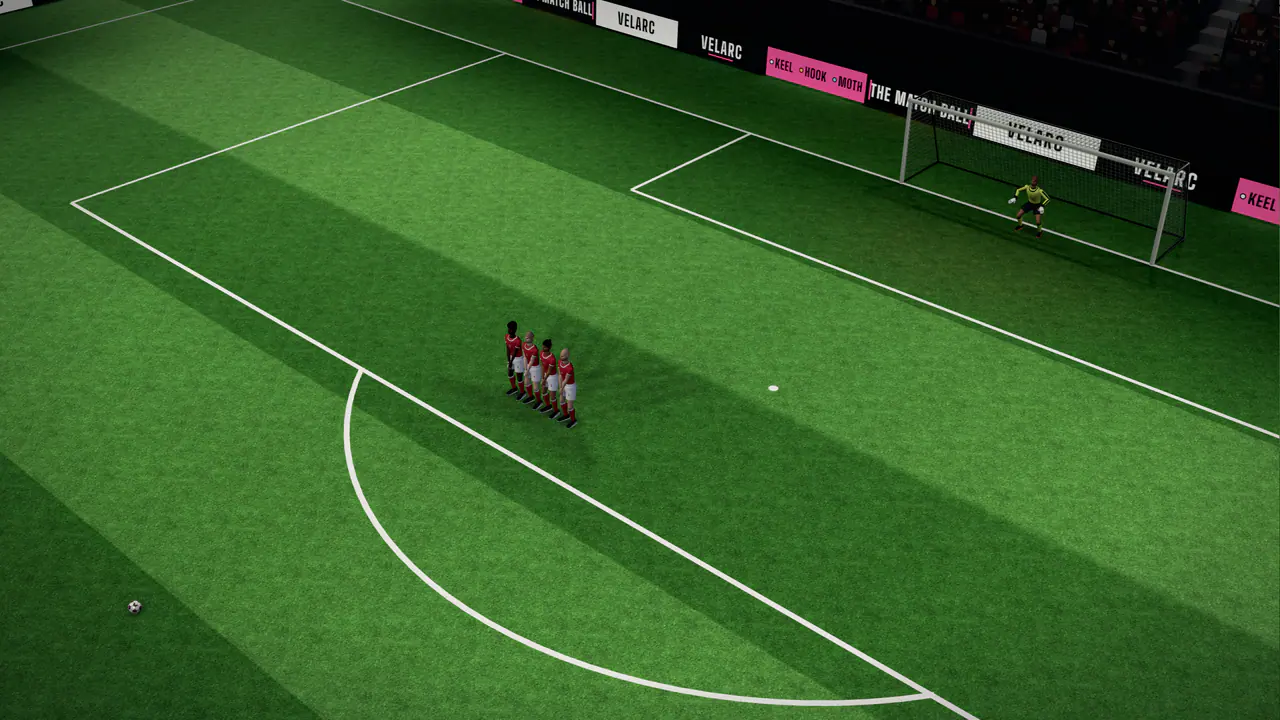 The penalty area from above: the free-kick spot, the four-man wall and the goal.