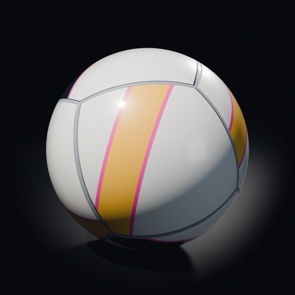 Velarc Hook match ball, white pinwheel panels with amber and navy bands, on a dark studio floor